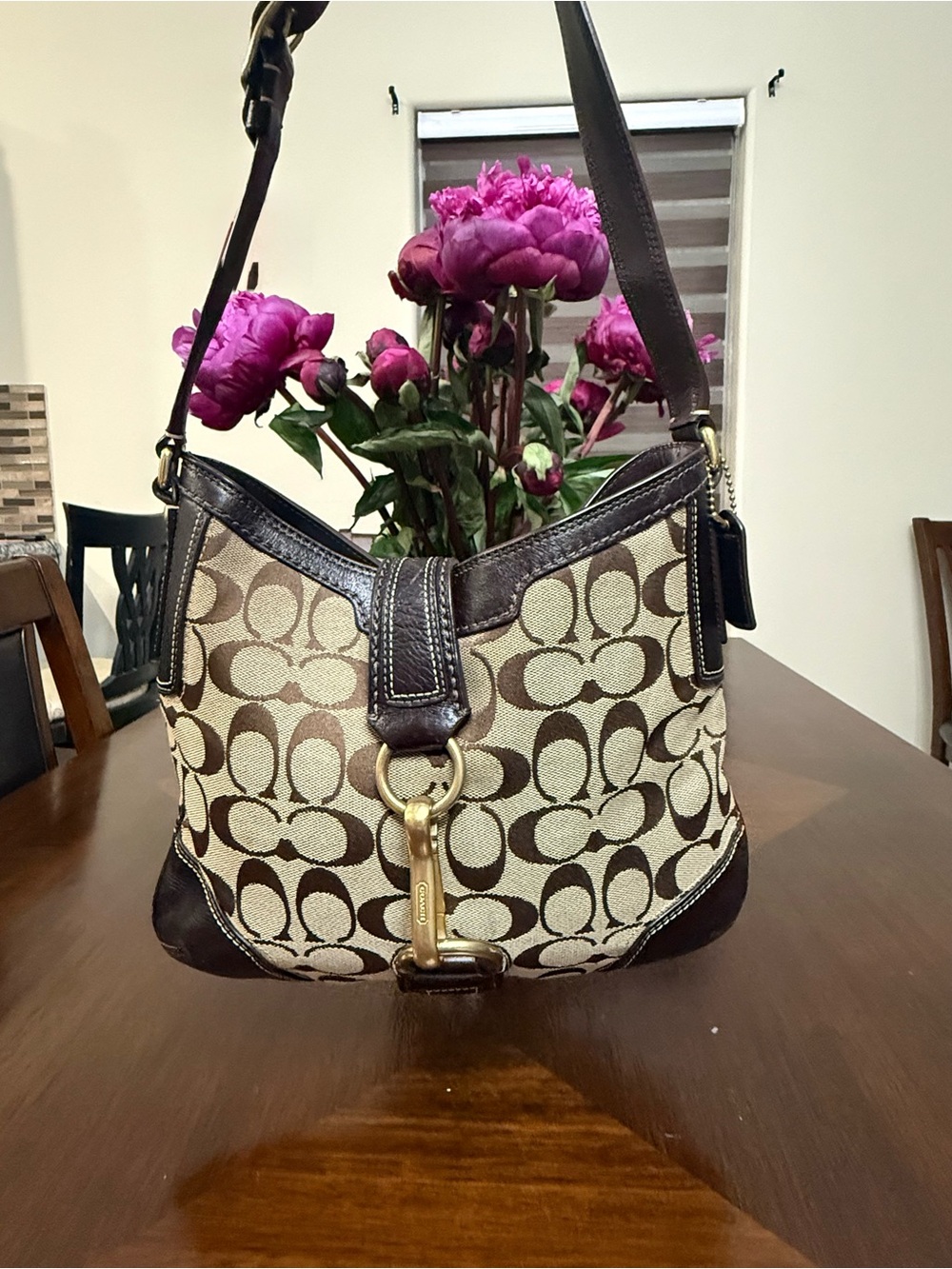 Coach Brown Signature Canvas Shoulder Bag with Dark Brown Leather Trim